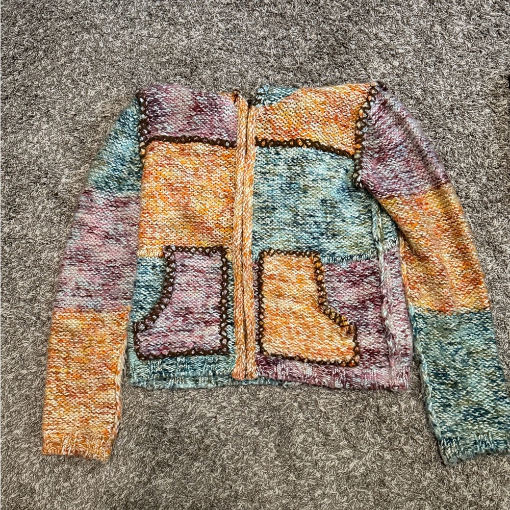 True Grit Multicolor Patchwork Knit Zip Cardigan - Blue, Yellow, Pink